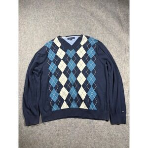 Tommy Hilfiger Men's V Neck Argyle Sweater‎ Navy Blue Size XL